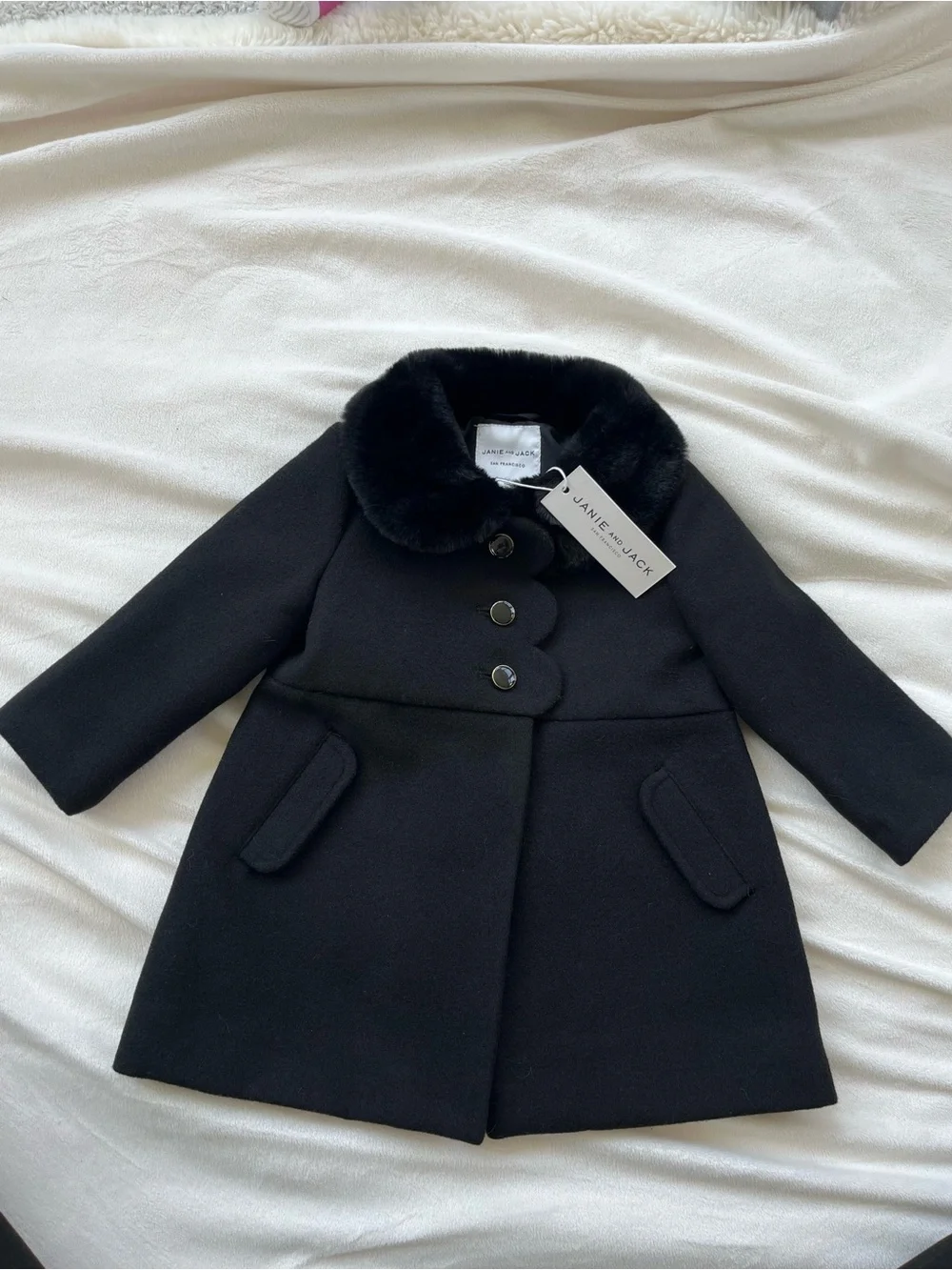 Janie and Jack Black Wool Pea Coat with Faux-Fur Collar
